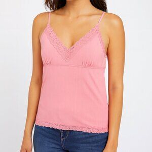 Faded Glory PINK RIBBED TANK TOP XXL Floral Lace Y2K COQUETTE BABYDOLL Sparkle